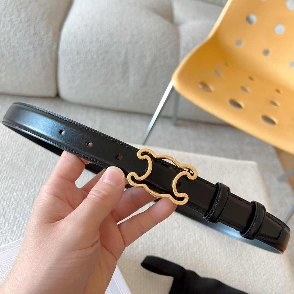 CELINE BELT 25MM TRIOMPHE LOGO CUT-OUT IN SMOOTH BLACK CALFSKIN WITH GOLD BUCKLE