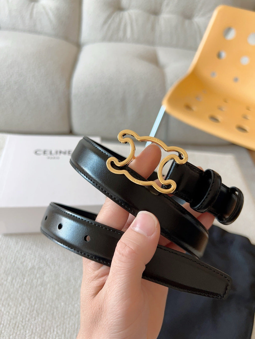 CELINE BELT 25MM TRIOMPHE LOGO CUT-OUT IN SMOOTH BLACK CALFSKIN WITH GOLD BUCKLE