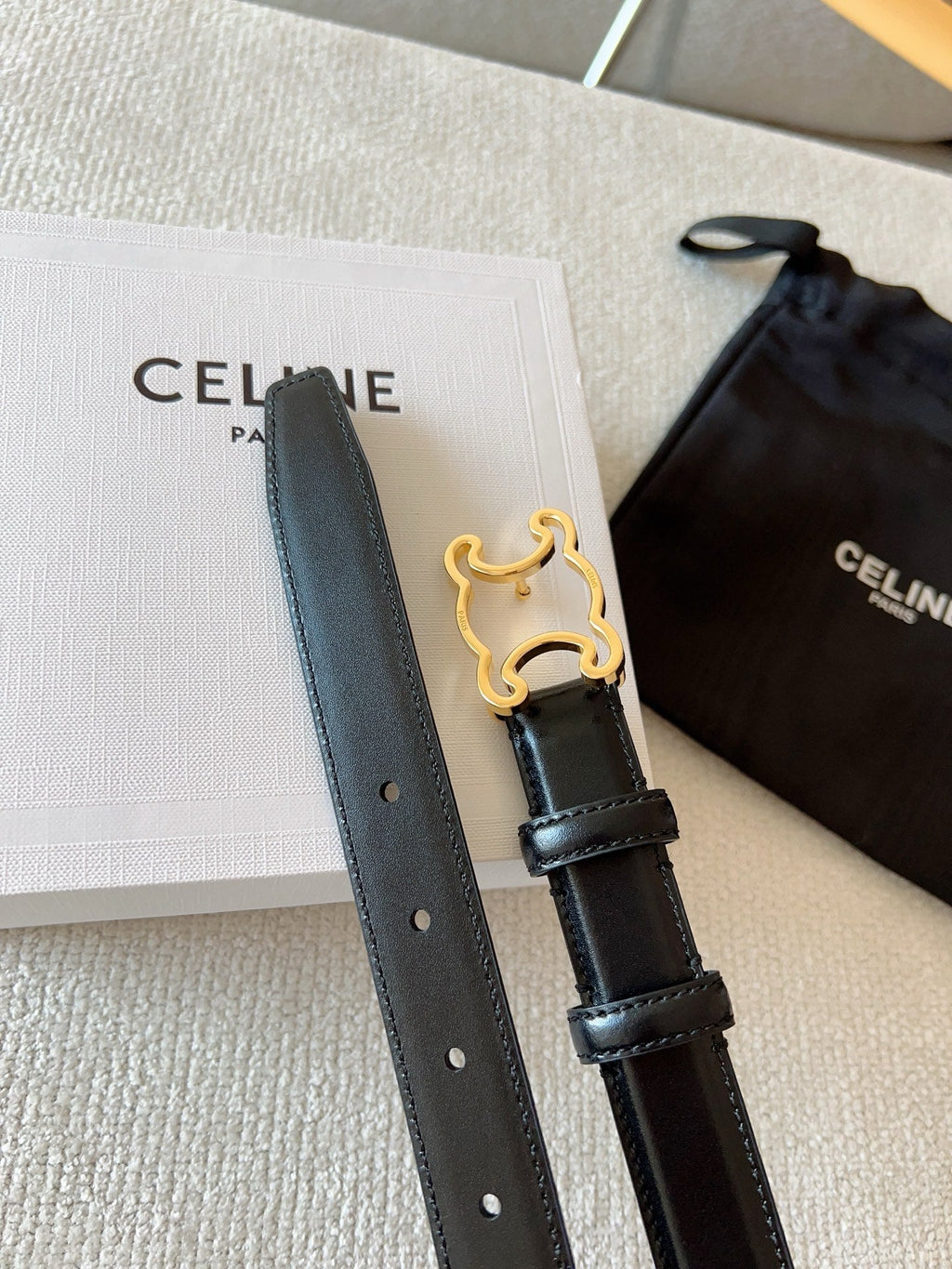 CELINE BELT 25MM TRIOMPHE LOGO CUT-OUT IN SMOOTH BLACK CALFSKIN WITH GOLD BUCKLE