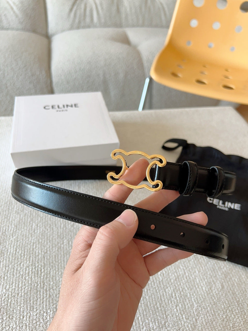 CELINE BELT 25MM TRIOMPHE LOGO CUT-OUT IN SMOOTH BLACK CALFSKIN WITH GOLD BUCKLE