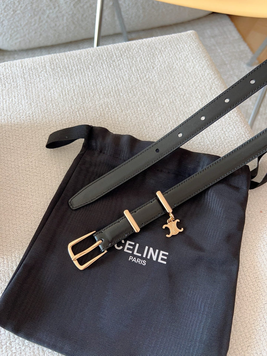 CELINE CL BELT 18MM IN BLACK TAURILLON GLOSSY CALFSKIN GOLD BUCKLE