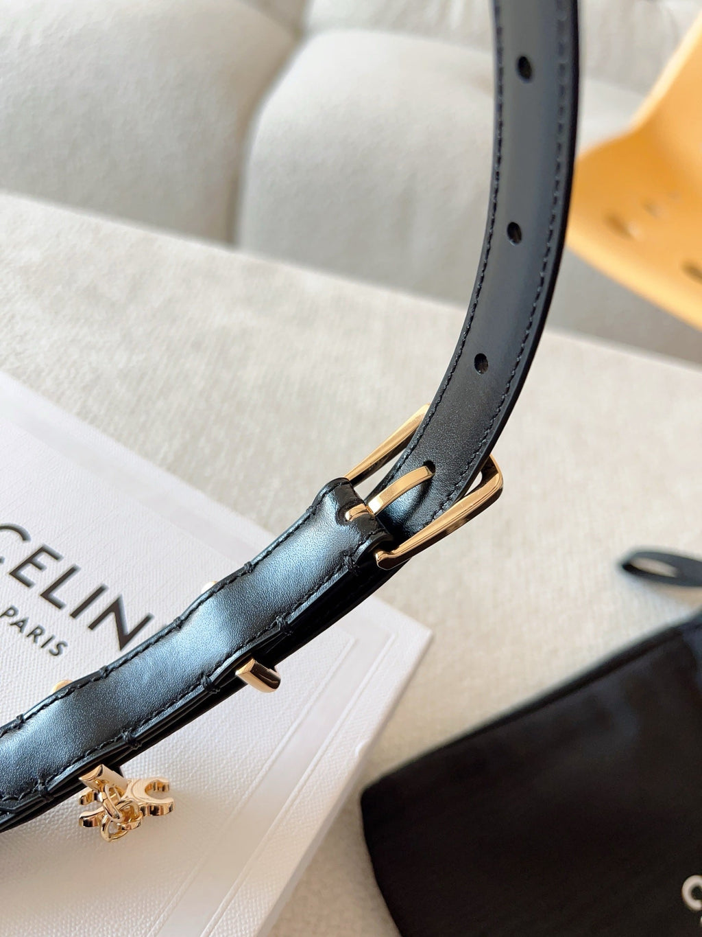 CELINE CL BELT 18MM IN BLACK TAURILLON GLOSSY CALFSKIN GOLD BUCKLE