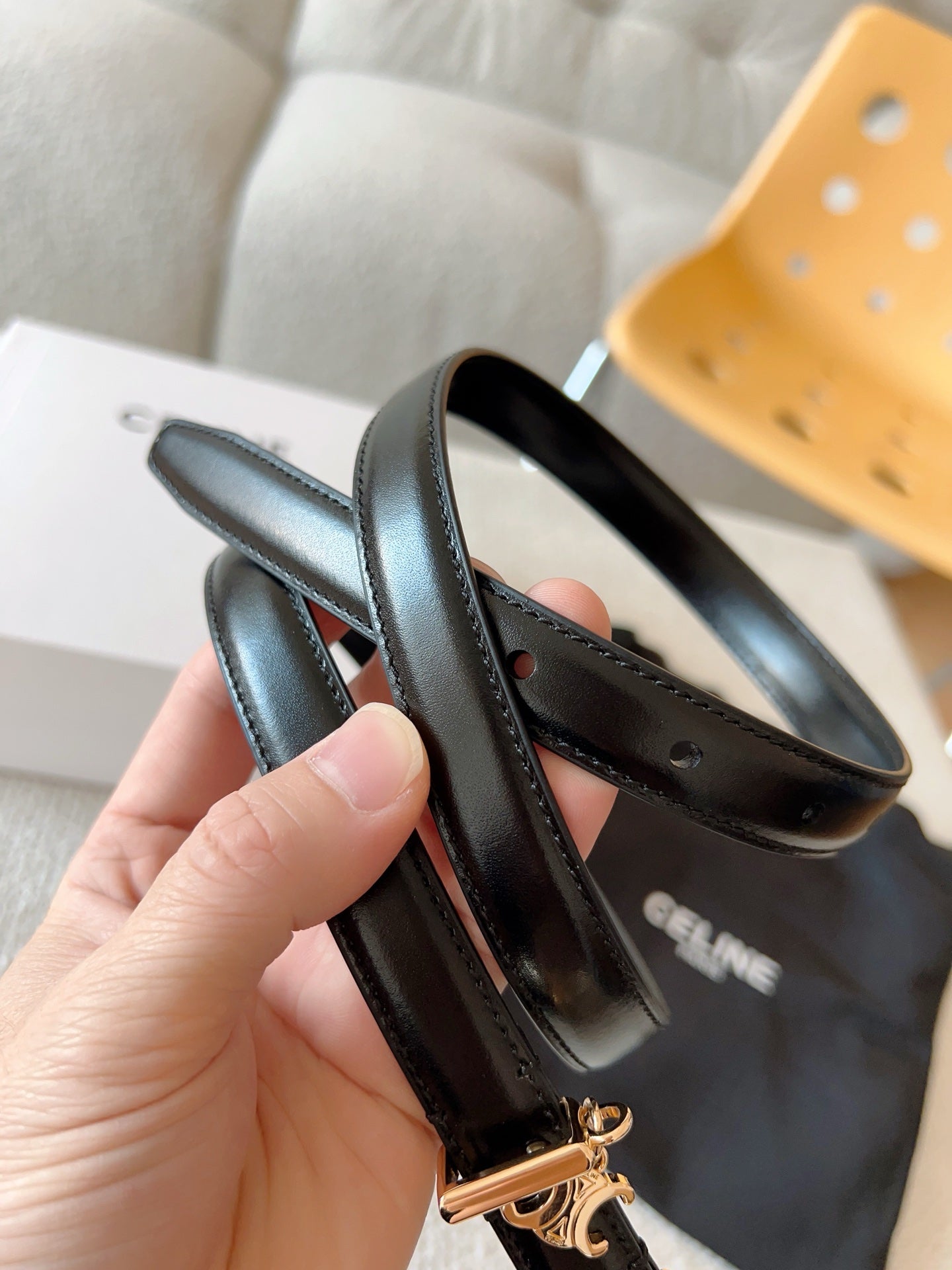 CELINE CL BELT 18MM IN BLACK TAURILLON GLOSSY CALFSKIN GOLD BUCKLE