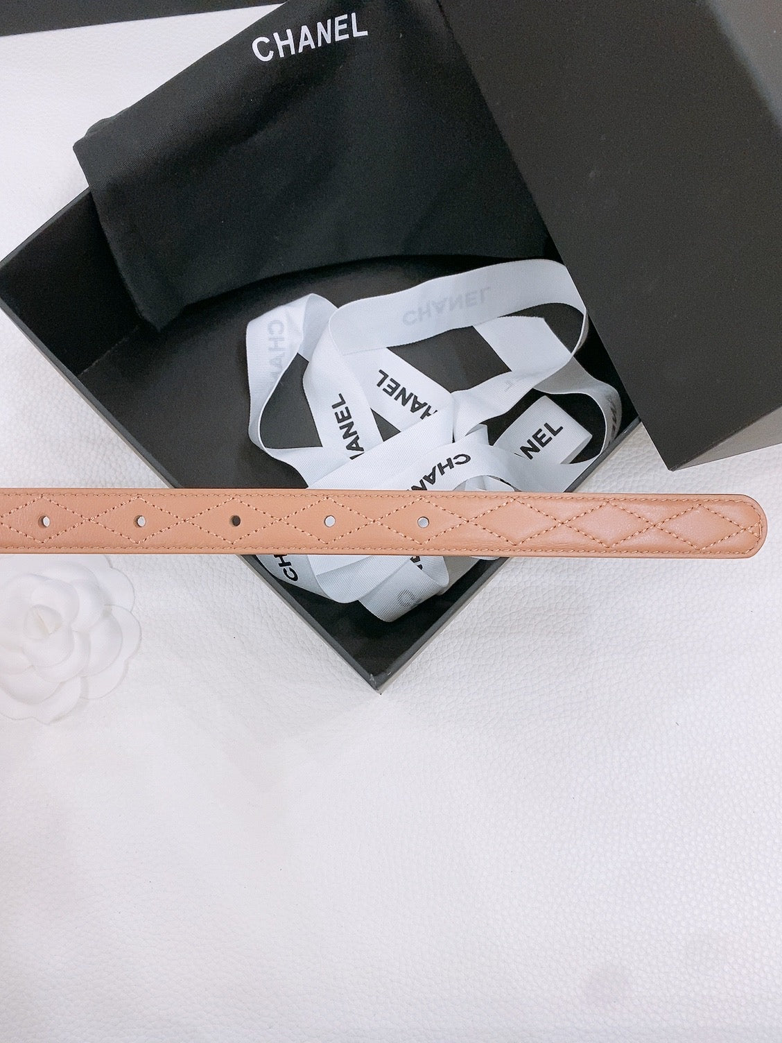 CHANEL DOUBLE C BELT 20MM IN SAVANNA BROWN CALFSKIN WITH QUILTED STITCHING SPIRAL GOLD BUCKLE