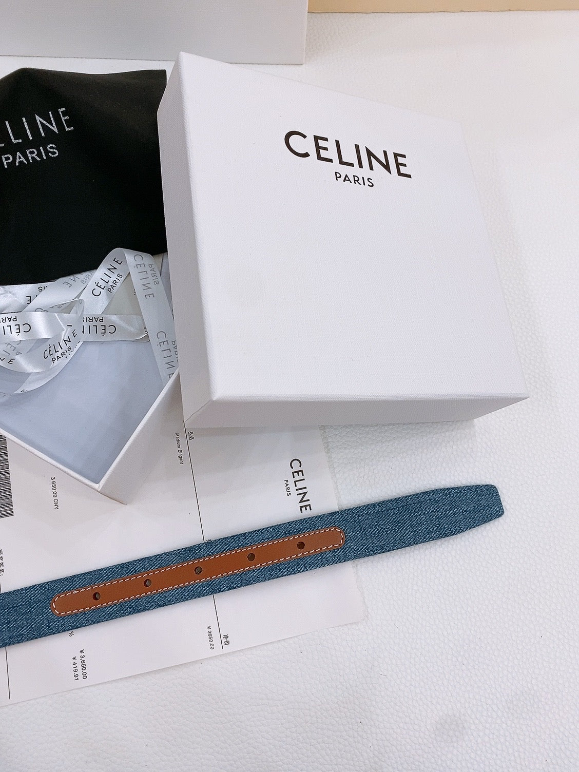 CELINE 25S BELT TRIOMPHE TAURILLON 25MM IN BROWN CALFSKIN AND DENIM 558352