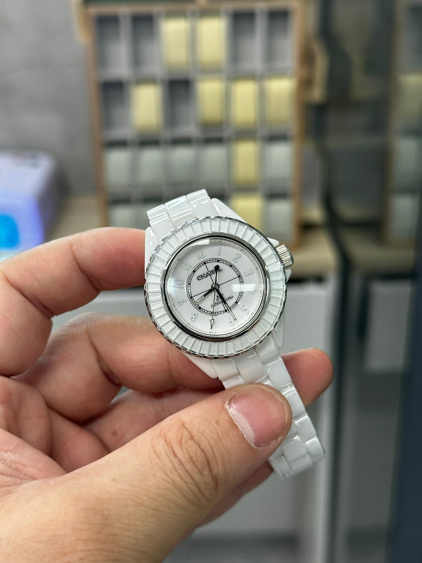 CHANEL J12 33MM DIAMOND BEZEN WHITE CERAMIC STEEL
