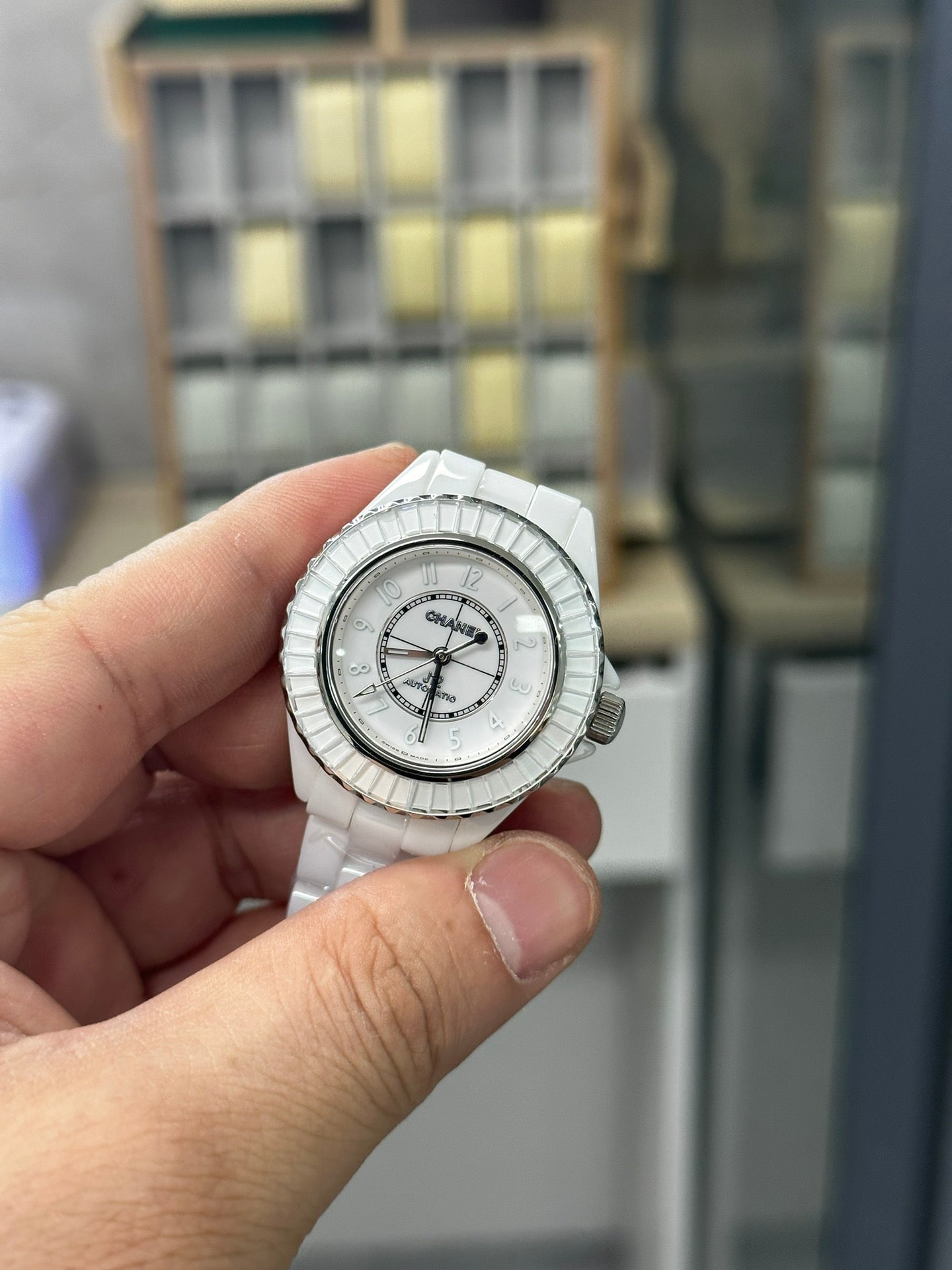 CHANEL J12 33MM DIAMOND BEZEN WHITE CERAMIC STEEL